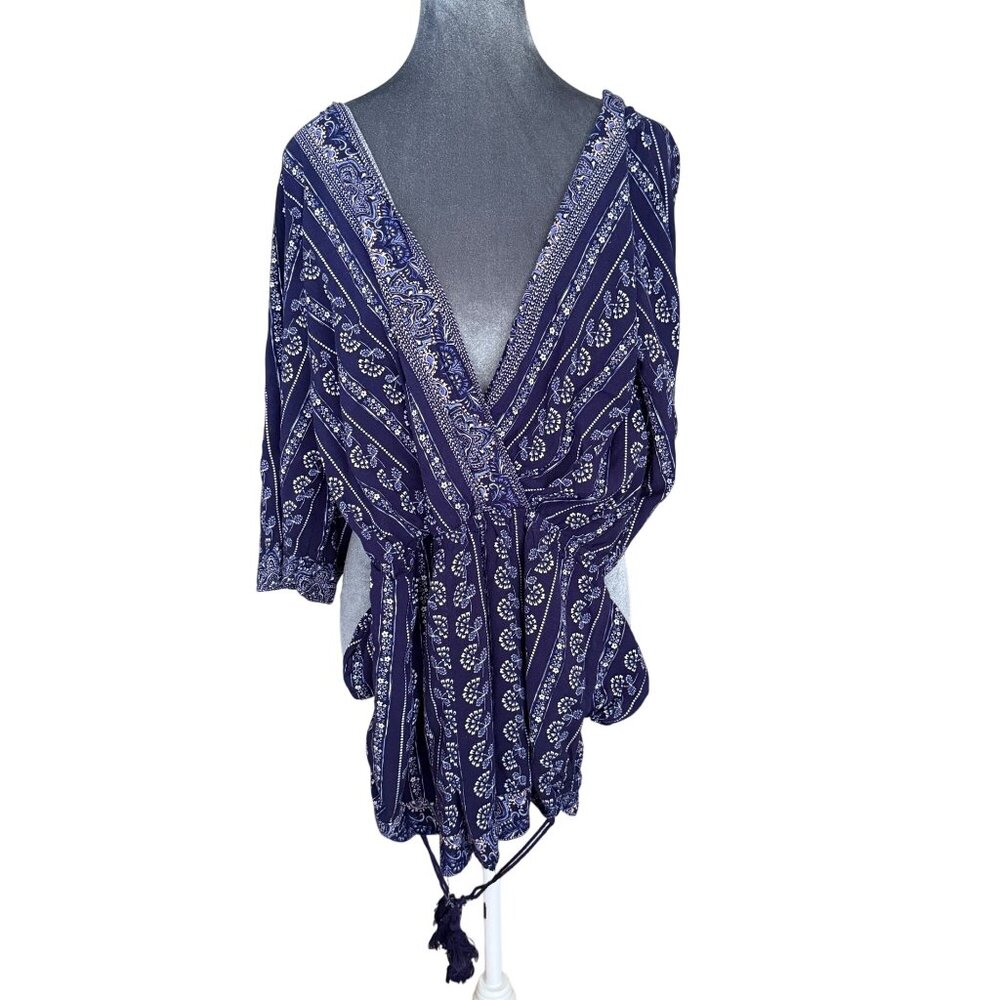 Skies Are Blue Womens Romper Top With Tassels Medium 100% Rayon Navy & White Boh